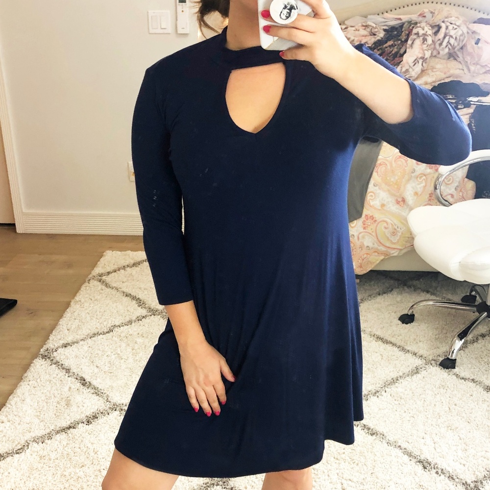 Blue Long Sleeve Neck Cutout Dress